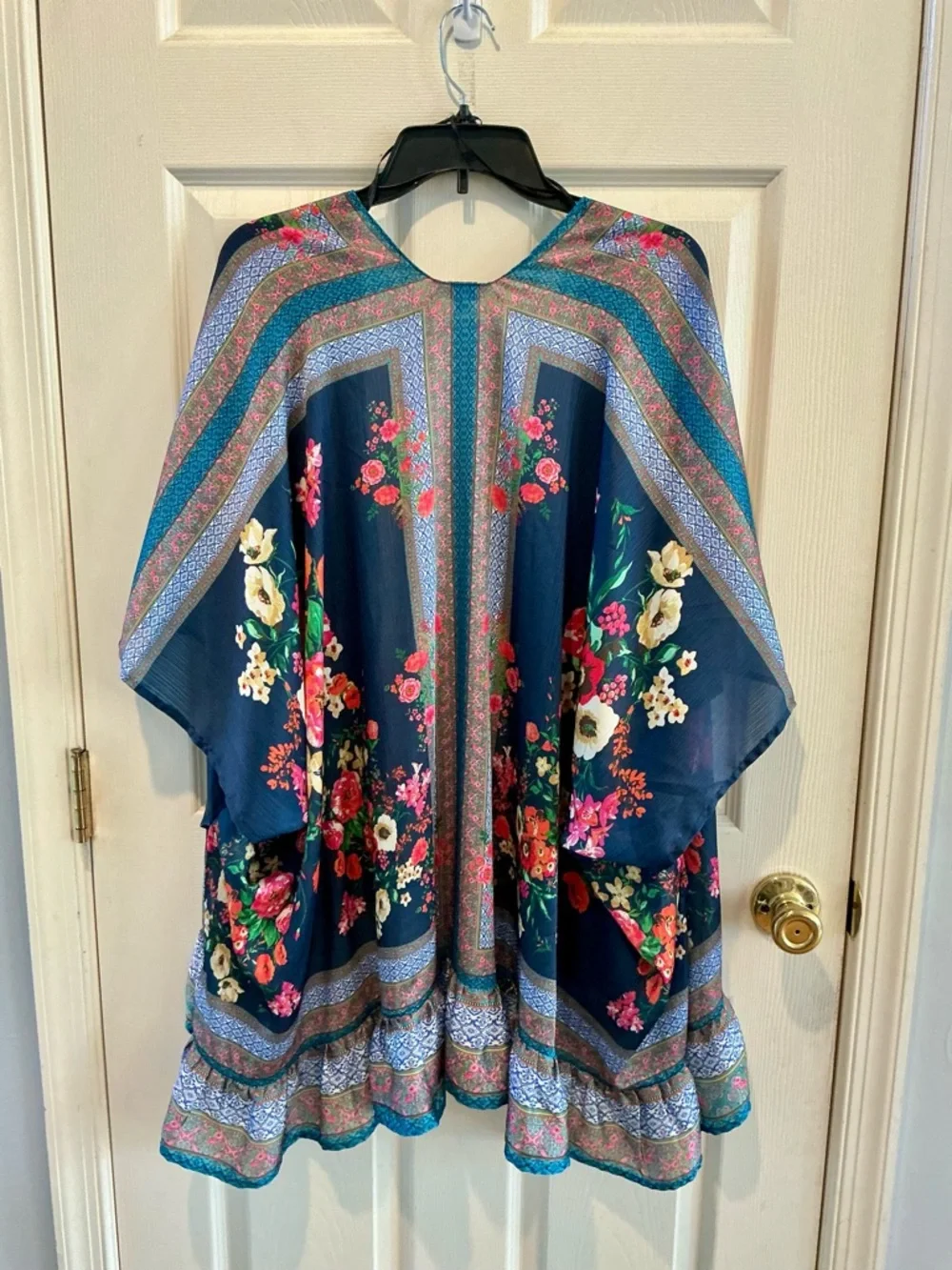 Umgee Boho Flowy Draped Ruffle Kimono Wrap Summer Relaxed Hippie Vibe SZ M/L